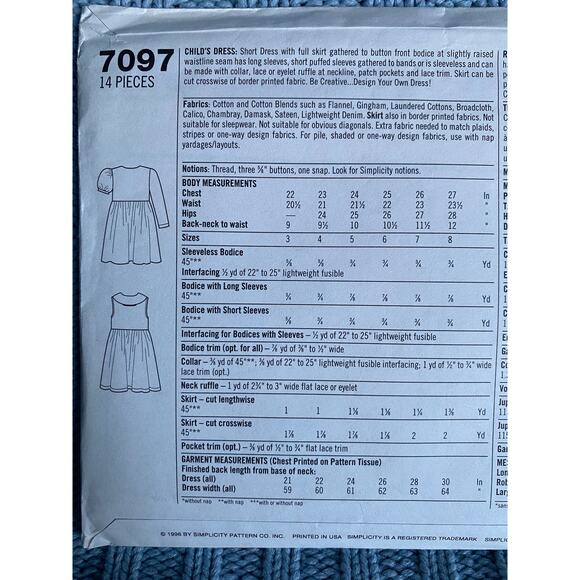 Simplicity 7097 Sewing pattern girls dress puff sleeve pockets size 3 4 5 6 - Picture 4 of 5